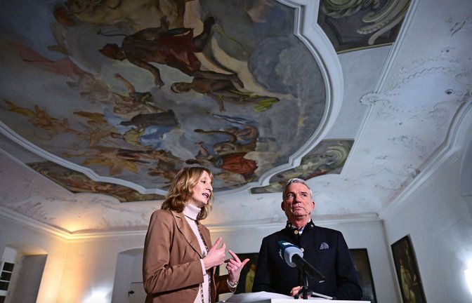 CDU-Landeschef Thomas Strobl und seine Generalsekretärin Isabell Huber. Über ihnen das Deckenfresko von  Johann Baptist Ferrandini aus dem Jahr 1745. Zwischen Huber und Strobl trompetet ein Elefant aus den Wolken.<span class='image-autor'>Foto: dpa/Bernd Weißbrod</span>