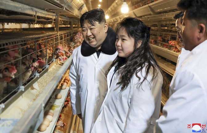 Der Diktator gibt sich gerne volkstümlich: Dieses von der nordkoreanischen Regierung zur Verfügung gestellte Foto zeigt Kim Jong Un (Mi.) am 7. Januar 2024  mit seiner Tochter bei der Besichtigung einer neu errichteten Hühnerfarm in Hwangju.<span class='image-autor'>Foto: Korean Central News Agency/Korea News Service/AP/dpa</span>