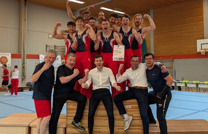 Da darf man schonmal in Jubel ausbrechen: Die Turner der TG Ingersheim/Sersheim freuen sich über den geglückten Klassenerhalt in der Landesliga. <span class='image-autor'>Foto: privat</span>