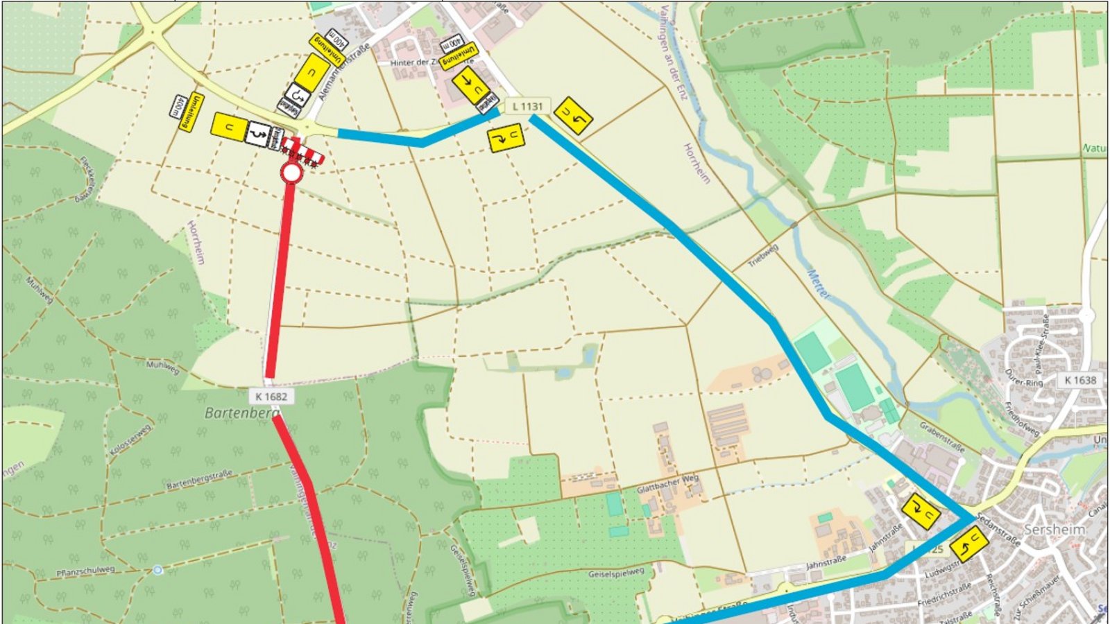 Die geplante Umleitungsstrecke führt über Sersheim. Grafik: Landratsamt Ludwigsburg