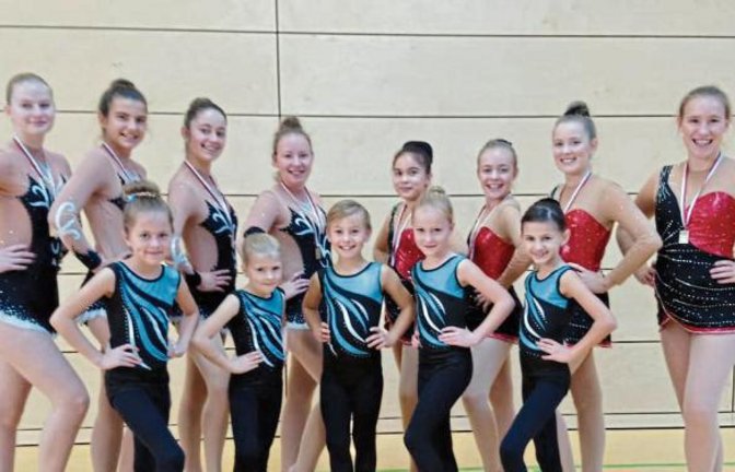 Diese 13 Gymnasten und Gymnastinnen hatten sich vom TV Sersheim für das württembergische Landesfinale Mannschaften qualifiziert: (hinten von lins) Jule Kreth, Anja Rau, Hanna Wilhelm, Ramona Wagner, Arisa Schneider, Mia Geiger, Sarah Scheffel und Alina Lorbeer sowie (vorne von links) Luisa Maier, Jana Klinger, Julian Deutsch, Maira Schwartze und Nisa Sert Foto: privat