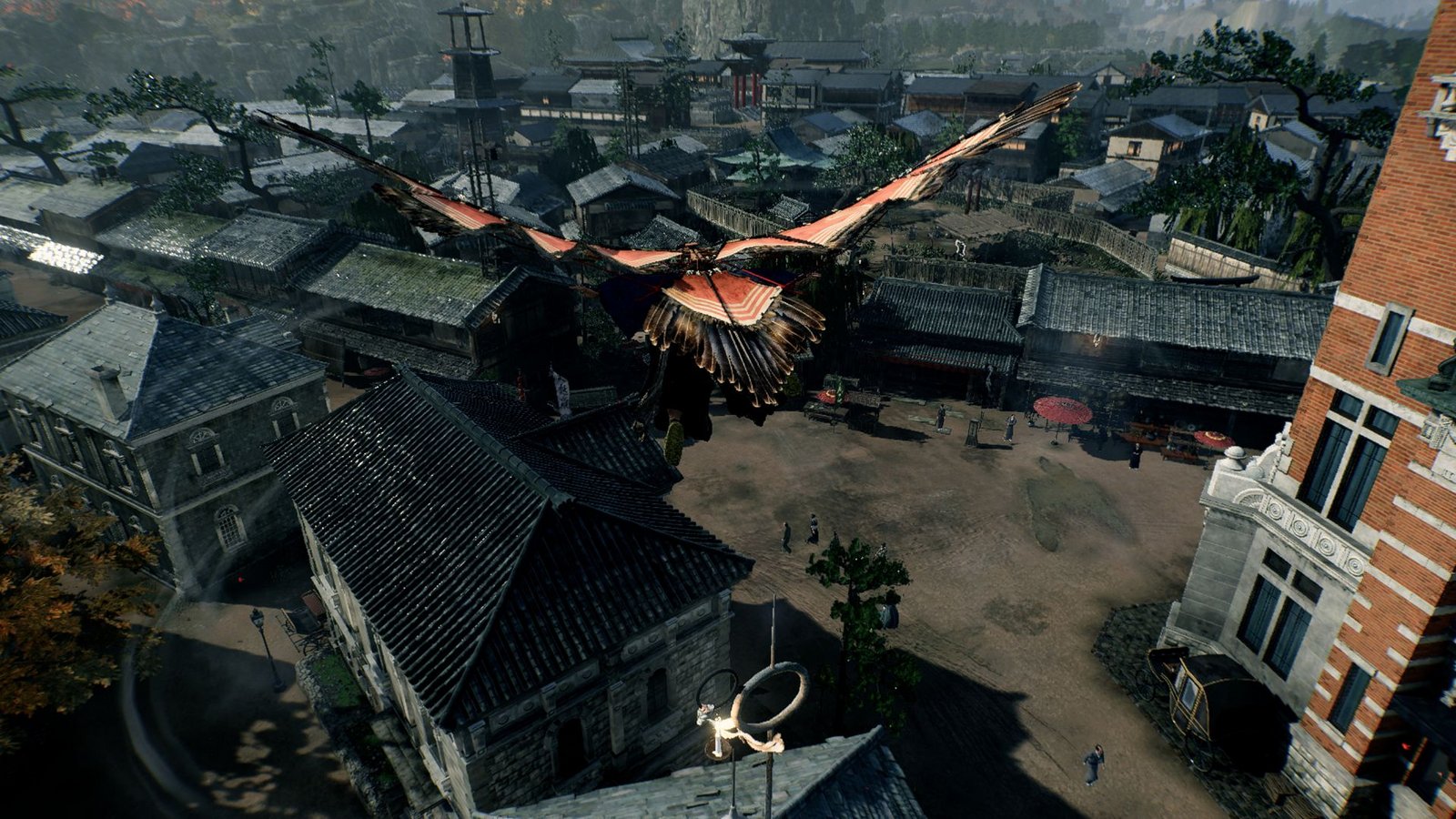Mit einem künstlichen Paar Flügel schweben wir über den Dächern japanischer Siedlungen.Foto: Sony Entertainment