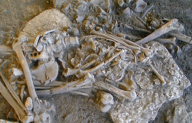 Eines der vollständigen Skelette, die im Ganggrab von Frälsegården gefunden wurden. Das Skelett ist das einer 30 bis 40 Jahre alten Frau, die nur im zweiten Grad mit den anderen untersuchten Individuen verwandt war.<span class='image-autor'>Foto: © Karl-Göran Sjögren</span>