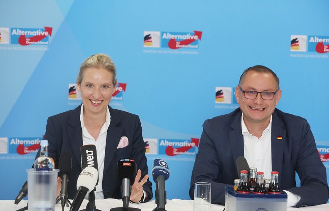 Sie haben gut Grinsen – die AfD erlebt eine Sonderkonjunktur: die Parteivorsitzenden Alice Weidel und Tino Chrupalla.<span class='image-autor'>Foto: picture alliance/dpa</span>