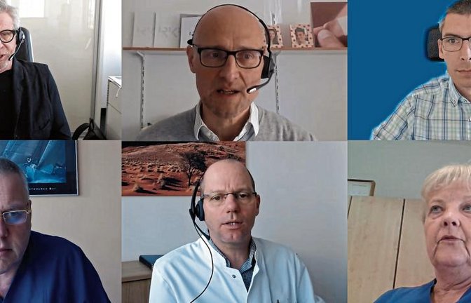 Über die aktuelle Situation an den RKH-Kliniken informierten gestern Jörg Martin, Alexander Tsongas, Stefan Weiß, Götz Geldner, Martin Schuster und Sabine Gfrörer (oben links nach unten rechts).  Foto: Friedrich