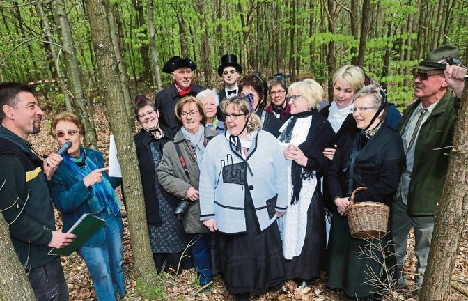 Die Ochsenbacher Weiberzeche mit den Förstern Theo Wöhr (links) und Gerhard Kring auf der Fläche ihrer Wiederaufforstung. Foto: Küppers
