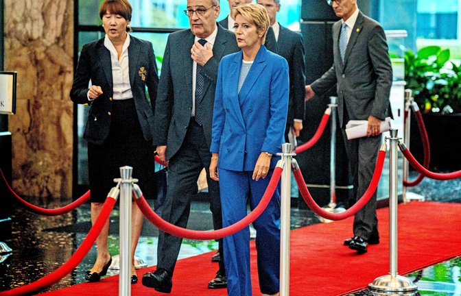 Bundespräsidentin Karin Keller-Sutter und Guy Parmelin, Vizepräsident des Bundesrates, in Washington.<span class='image-autor'>Foto: Getty Images via AFP</span>