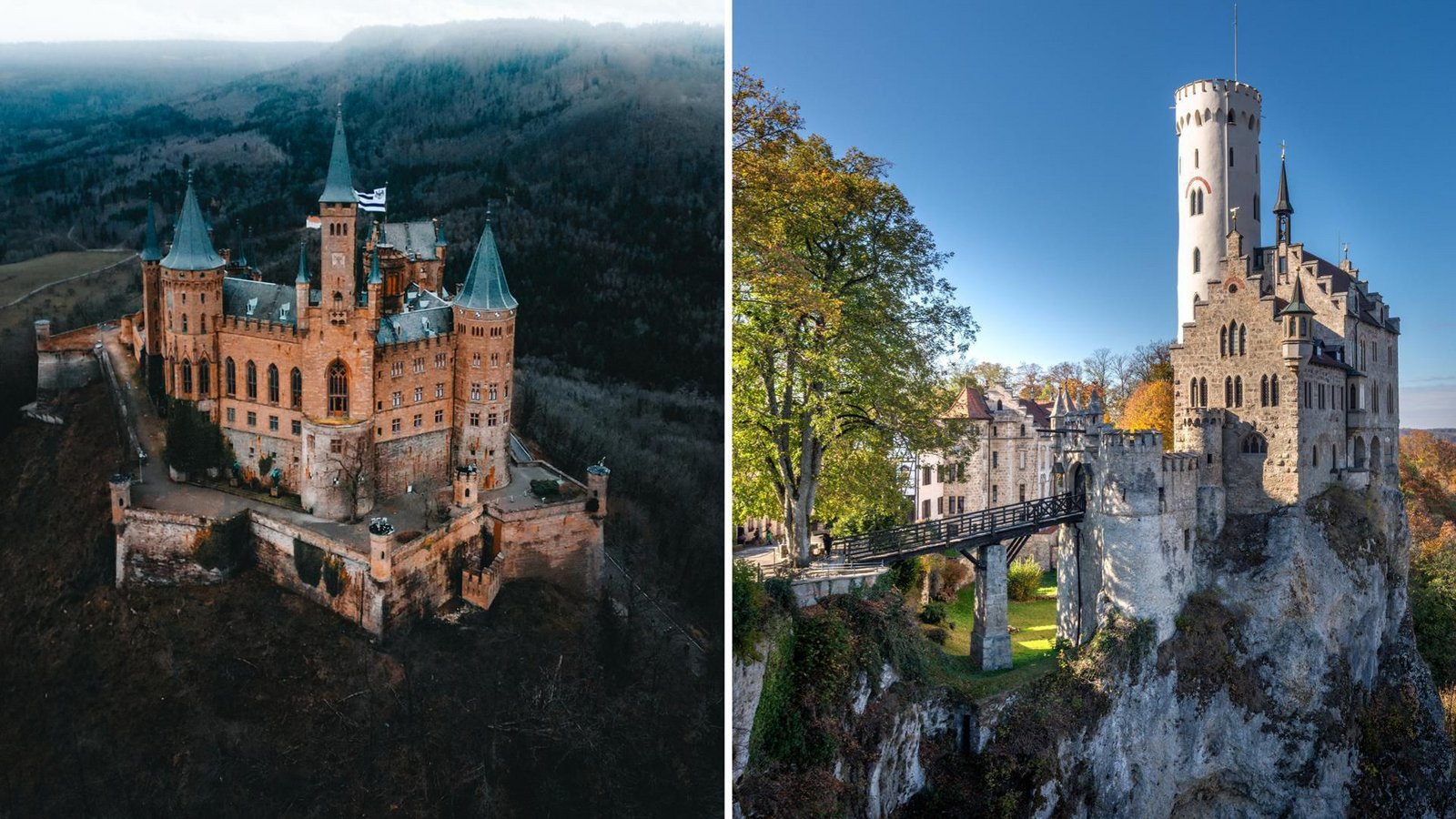 Traumhafte Burgen: Auf Burg Hohenzollern (re.) und Schloss Lichtenstein (li.) treibt keine böse Hexe wie im Märchen ihr Unwesen.Foto: janisview, imago Traumhafte Burgen: Auf Burg Hohenzollern (re.) und Schloss Lichtenstein (li.) treibt keine böse Hexe wie im Märchen ihr Unwesen.Foto: janisview, imago