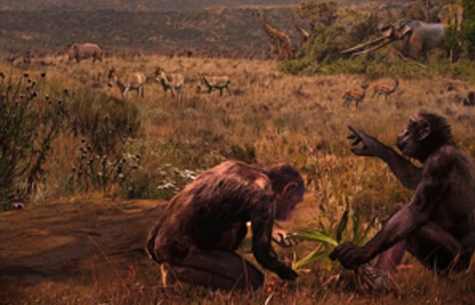 El Graeco (Graecopithecus freybergi) hat vor 7,2 Millionen Jahren in einer staubbelasteten Savannen-Landschaft im Athener Becken gelebt. Der Künstler Velizar Simeonovski hat dieses Gemälde nach wissenschaftlichen Vorgaben von Madelaine Böhme und Nikolai Spassov erstellt (Blick auf die  Fundstelle El Graecos, Pyrgos Vassilissis.<span class='image-autor'>Foto: © Velizar Simeonovski/Madelaine Böhme/Nikolai Spassov</span>