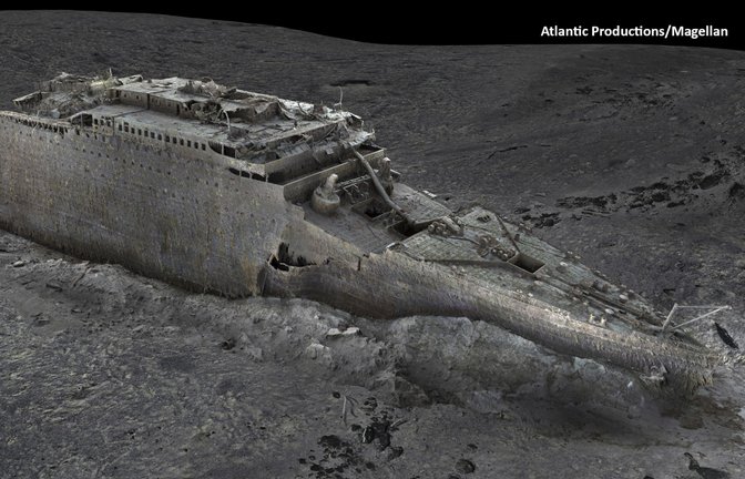 Diese von Atlantic/Magellan Ende Mai  veröffentlichte Aufnahme eines digitalen Scans, der mit Hilfe von Tiefseekartierungen erstellt wurde, zeigt den Bug der Titanic in knapp 4000 Metern Tiefe auf dem Grund des Atlantiks.<span class='image-autor'>Foto: Uncredited/Atlantic/Magellan/AP/d/a</span>