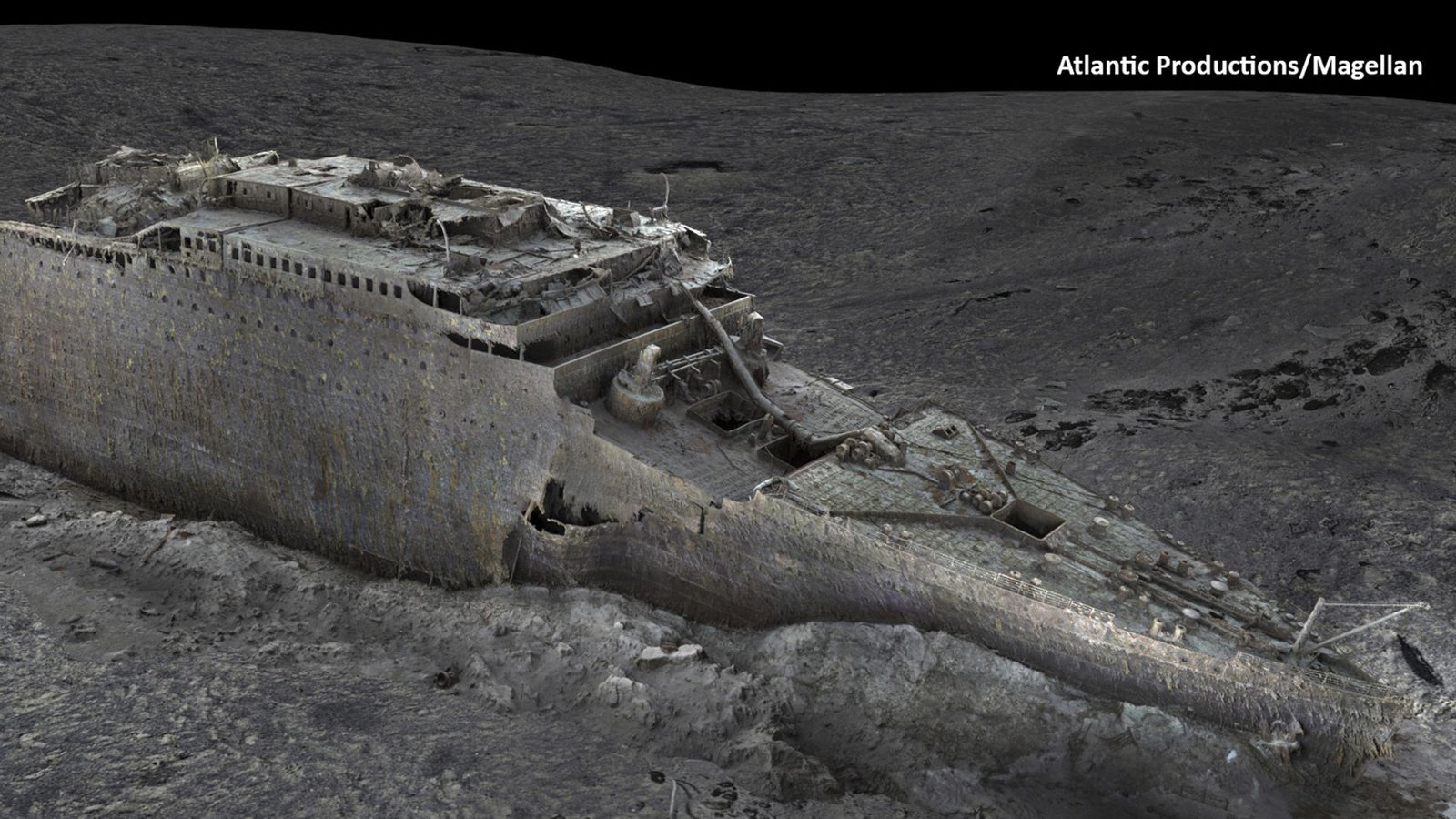 Diese von Atlantic/Magellan Ende Mai veröffentlichte Aufnahme eines digitalen Scans, der mit Hilfe von Tiefseekartierungen erstellt wurde, zeigt den Bug der Titanic in knapp 4000 Metern Tiefe auf dem Grund des Atlantiks.Foto: Uncredited/Atlantic/Magellan/AP/d/a Diese von Atlantic/Magellan Ende Mai veröffentlichte Aufnahme eines digitalen Scans, der mit Hilfe von Tiefseekartierungen erstellt wurde, zeigt den Bug der Titanic in knapp 4000 Metern Tiefe auf dem Grund des Atlantiks.Foto: Uncredited/Atlantic/Magellan/AP/d/a