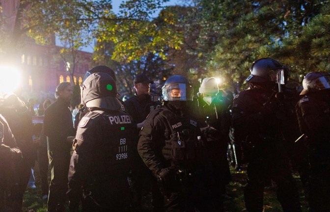 Polizisten stehen bei einer Kundgebung gegen Israel.<span class='image-autor'>Foto: Carsten Koall/dpa</span>