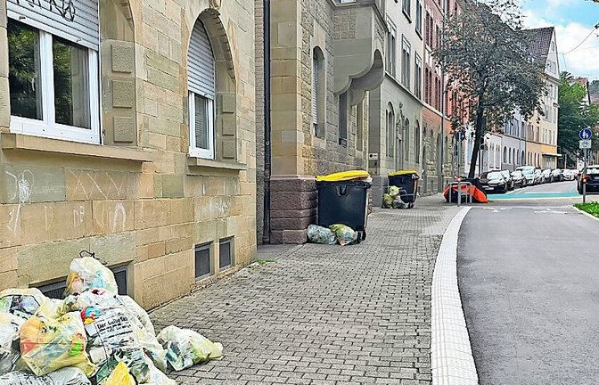 Müll am Wegesrand in Stuttgart-Süd (links), volle Tonnen im Stuttgarter Osten (rechts): Das Entsorgungsunternehmen Kurz hat seit mehreren Wochen Probleme mit der Abholung der Gelben Säcke.<span class='image-autor'>Foto: Scheffel/Paasch</span>