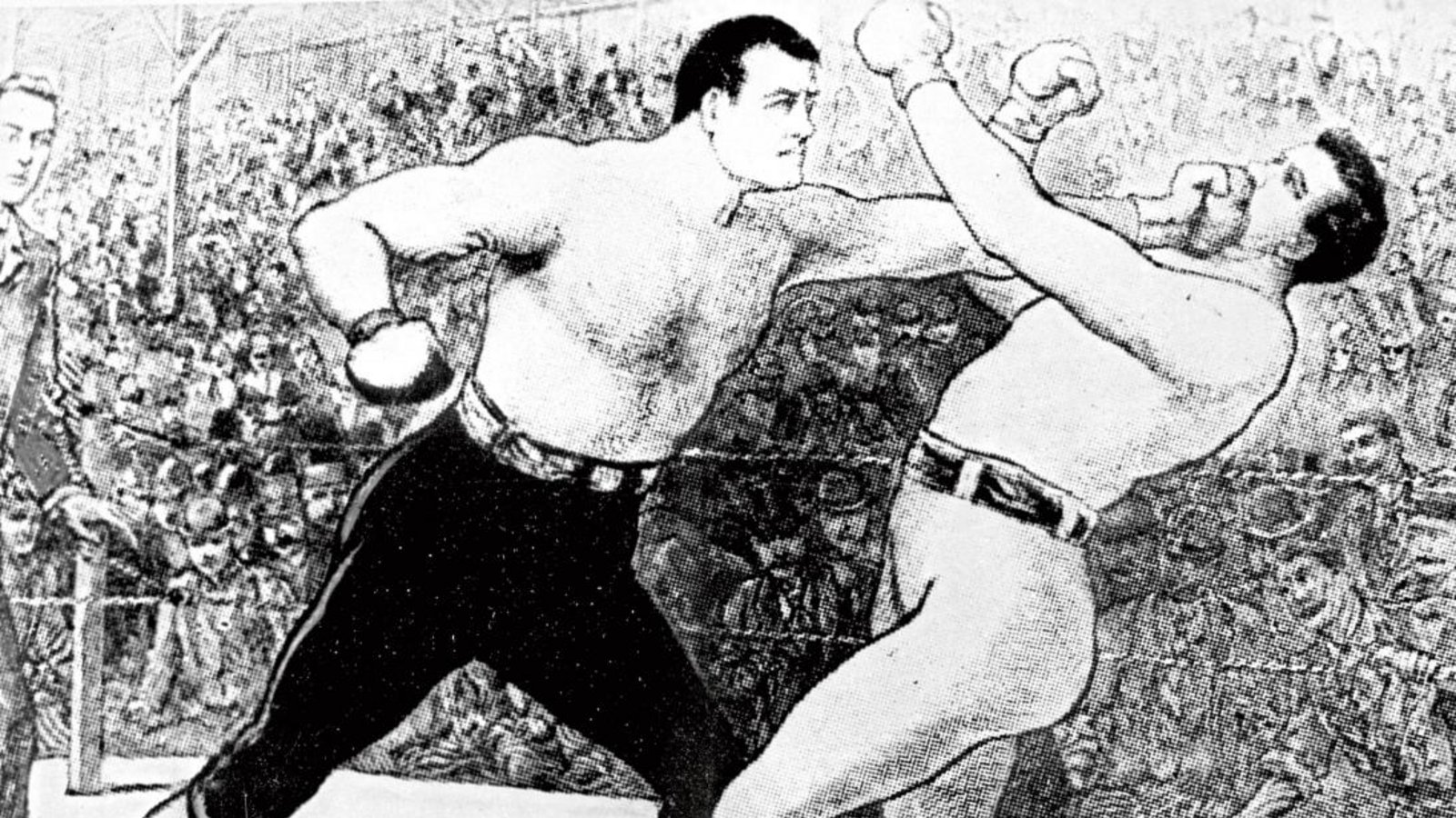John Sullivan (links), der als erster Schwergewichtsweltmeister gilt, kommt am 7. September 1892 in New Orleans mit einer linken Geraden durch. Den Kampf hat allerdings „Gentleman“ James Corbett gewonnen. Illustration: ddp/United Archives John Sullivan (links), der als erster Schwergewichtsweltmeister gilt, kommt am 7. September 1892 in New Orleans mit einer linken Geraden durch. Den Kampf hat allerdings „Gentleman“ James Corbett gewonnen. Illustration: ddp/United Archives