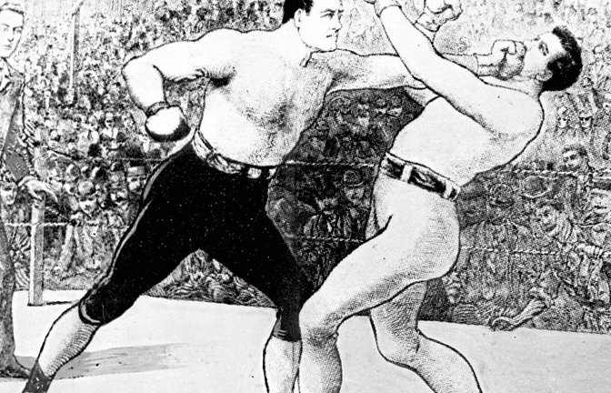 John Sullivan (links), der als erster Schwergewichtsweltmeister gilt, kommt am 7. September 1892 in New Orleans mit einer linken Geraden durch. Den Kampf hat allerdings „Gentleman“ James Corbett gewonnen. Illustration: ddp/United Archives