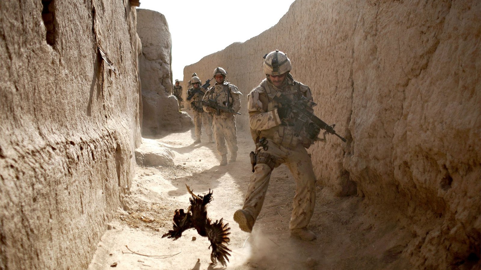 Salavat (Kandahar), Afghanistan, 2010: Ein kanadischer Soldat jagt ein Huhn – Sekunden bevor seine Einheit von Granaten beschossen wird.Foto: SWR/Anja Niedringhaus/pa