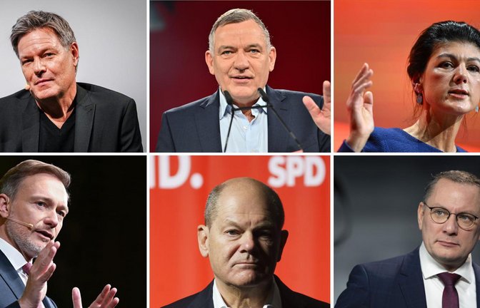Von links oben: Robert Habeck (Grüne), Jan van Aken (Linke), Sahra Wagenknecht (BSW), Christian Lindner (FDP), Olaf Scholz (SPD) und Tino Chrupalla (AfD) sind alle in Stuttgart und der Region zu Gast.<span class='image-autor'>Foto: dpa/Andreas Arnold, Sebastian Kahnert, Sebastian Gollnow und AFP/Ina Fassbender</span>