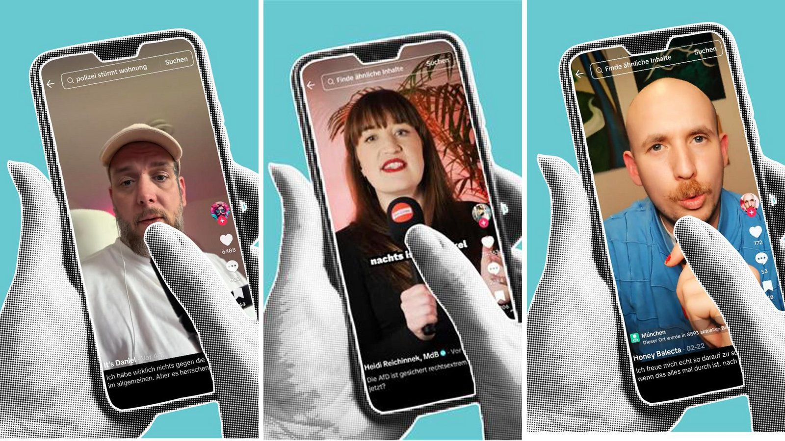 Köpfe der Linkspartei auf Tiktok – sie erreichen nicht nur Linken-Wähler.Foto: Montage: Ruckaberle Köpfe der Linkspartei auf Tiktok – sie erreichen nicht nur Linken-Wähler.Foto: Montage: Ruckaberle