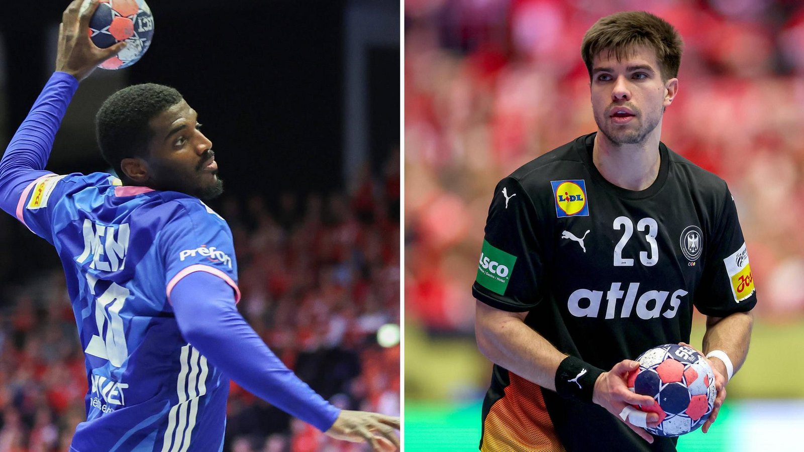 Duell der Linkshänder: Dika Mem (li.) gegen Renars UscinsFoto: imago/Maximilian Koch/Kessler-Sportfotografie