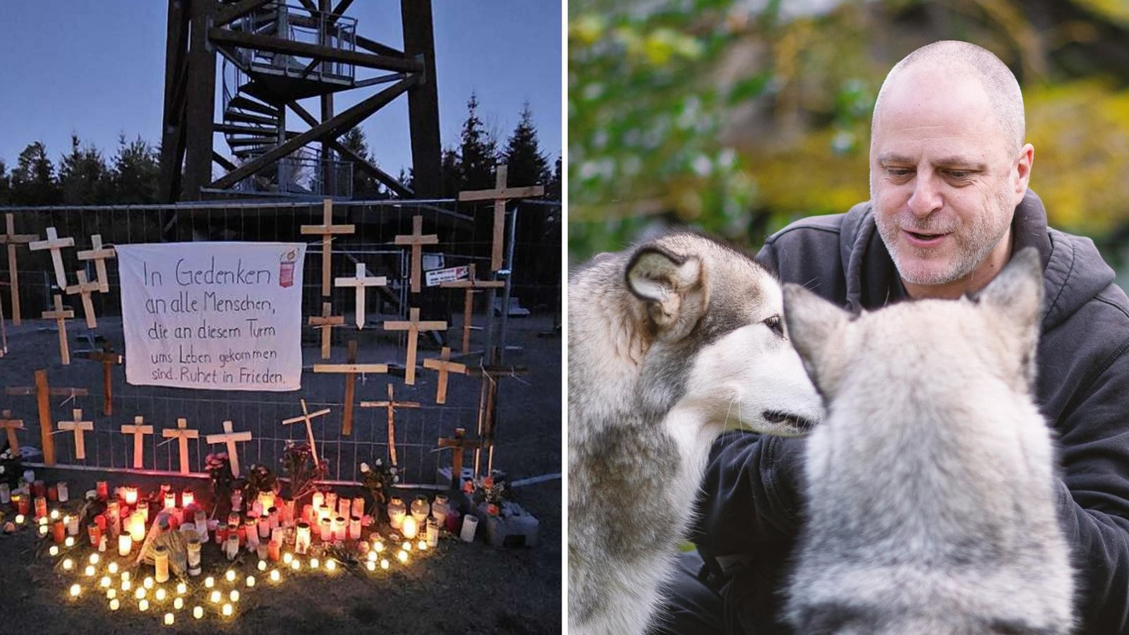 Patrick Eisenhardt geht mit seinen Hunden immer wieder in der Nähe des Aussichtsturms spazieren. Wie eine Gruppe von Eltern mit einer Gedenk-Aktion im Dezember (links) setzt auch er sich für die Sicherung des Turms ein.Foto: privat Patrick Eisenhardt geht mit seinen Hunden immer wieder in der Nähe des Aussichtsturms spazieren. Wie eine Gruppe von Eltern mit einer Gedenk-Aktion im Dezember (links) setzt auch er sich für die Sicherung des Turms ein.Foto: privat