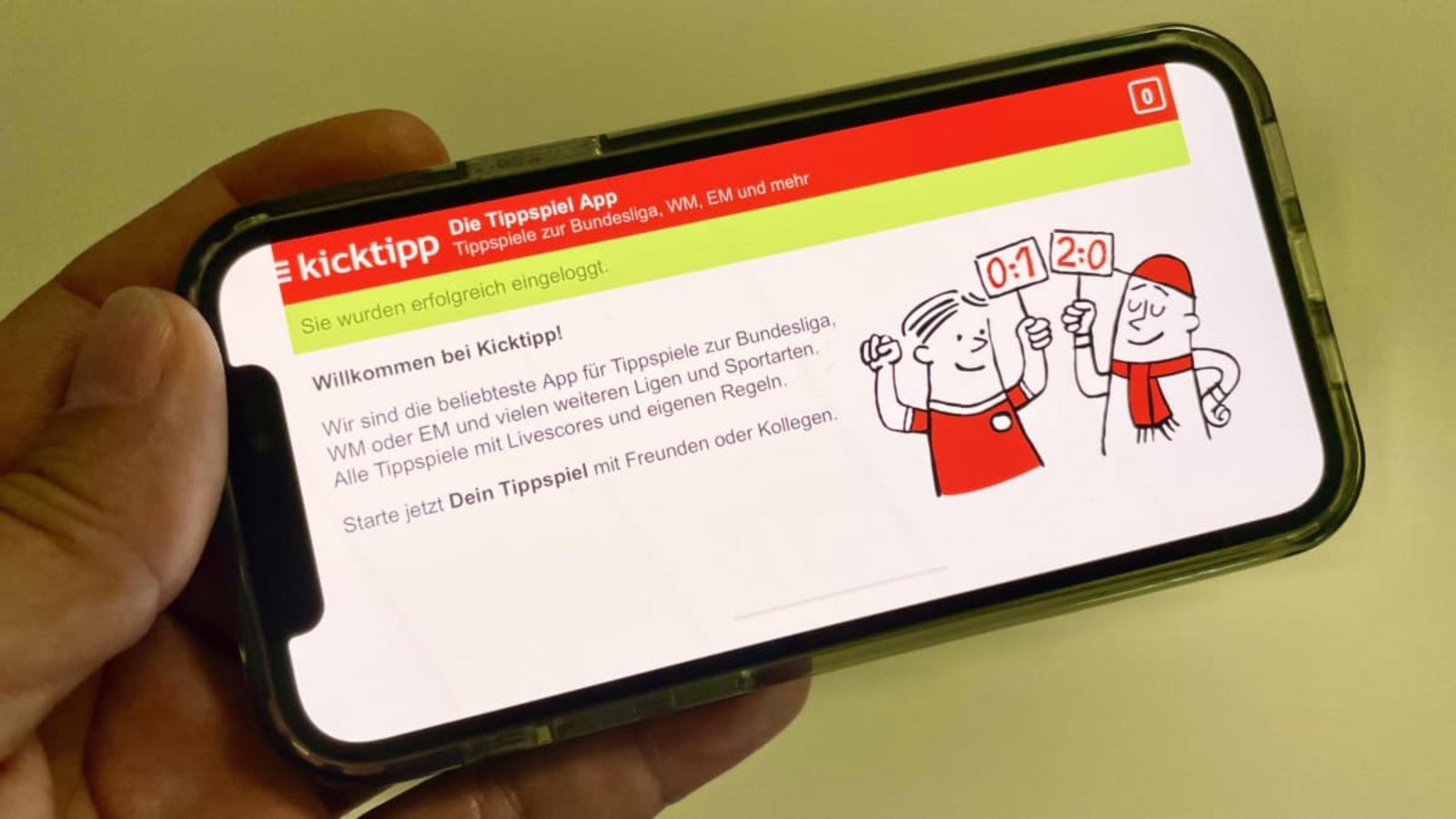 Das Laden der Kicktipp-App und die Anmeldung sind kinderleicht – und kostenlos. Danach entscheidet das Glück und das Fußballwissen.Jens Olbrich Das Laden der Kicktipp-App und die Anmeldung sind kinderleicht – und kostenlos. Danach entscheidet das Glück und das Fußballwissen.Jens Olbrich
