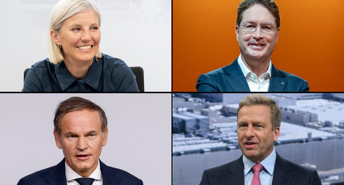 Müssen einmal im Jahr vor ihren Aktionären eine Rede halten: Karin Radström (Daimler Truck) , Ola Källenius, oben rechts, (Mercedes-Benz), Oliver Blume, unten links, (VW) und Oliver Zipse (BMW). Das gelingt nicht allen vier gleich gut, so die Analyse des Hohenheimer Verständlichkeitsindex.