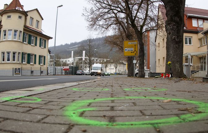 Zeichen auf der Straße und Kerzen an einem Baum markieren die Stelle, wo die 78-Jährige vom Rad gestoßen wurde.<span class='image-autor'>Foto: dpa/Heiko Becker</span>