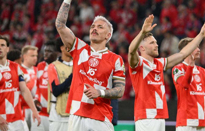 Der Mainzer Phillip Tietz jubelt über den Sieg im Viertelfinal-Hinspiel.<span class='image-autor'>Foto: Torsten Silz/dpa</span>