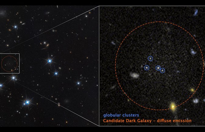 Astronomen haben die bisher extremste dunkle Galaxie entdeckt – sie besteht zu 99,9 Prozent aus Dunkler Materie. Erkennbar ist sie nur an vier Kugelsternhaufen (blaue Kreise).<span class='image-autor'>Foto: © Nasa/Esa/D. Li (University of Toronto)/J. DePasquale (STScI)</span>