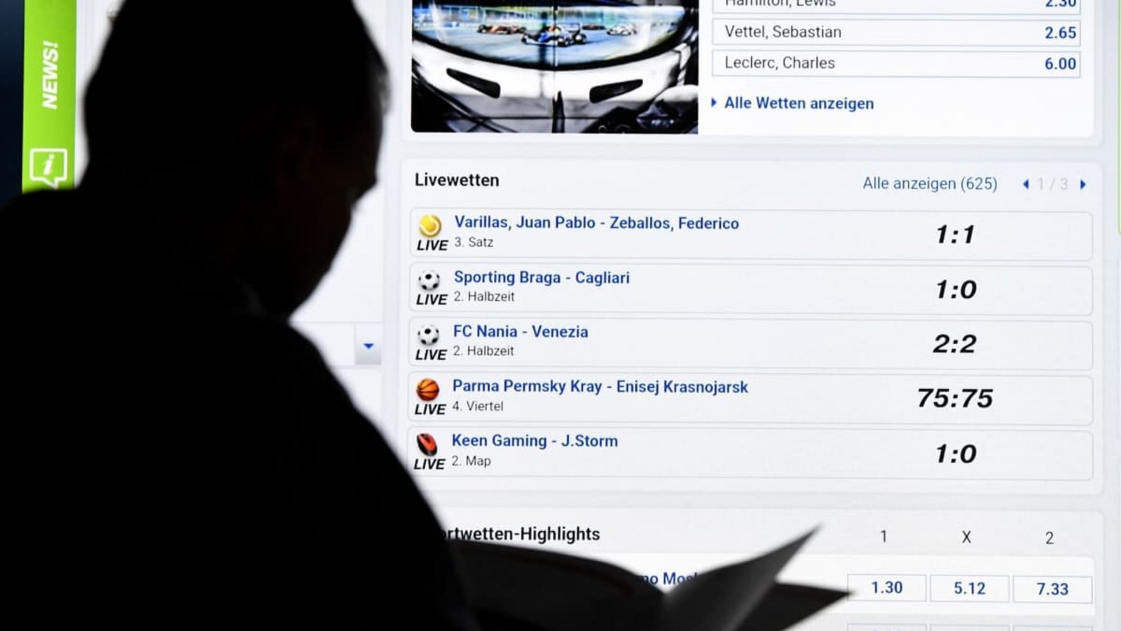 Ein Bildschirm mit Sportwetten: Die Werbung hat Folgen, gerade für risikobereite junge Menschen.Carsten Rehder/dpa Ein Bildschirm mit Sportwetten: Die Werbung hat Folgen, gerade für risikobereite junge Menschen.Carsten Rehder/dpa