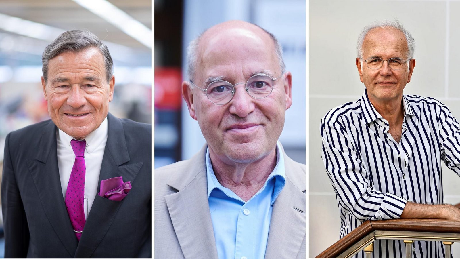 Wolfgang Grupp (links) wird den Gesprächstermin mit Gregor Gysi (mitte) nicht wahrnehmen; stattdessen rückt Entertainer Harald Schmidt (rechts) nach. (Archivbilder)Foto: Sebastian Gollnow/dpa/Collage StZN Wolfgang Grupp (links) wird den Gesprächstermin mit Gregor Gysi (mitte) nicht wahrnehmen; stattdessen rückt Entertainer Harald Schmidt (rechts) nach. (Archivbilder)Foto: Sebastian Gollnow/dpa/Collage StZN