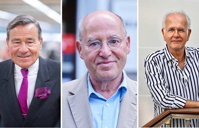 Wolfgang Grupp (links) wird den Gesprächstermin mit Gregor Gysi (mitte) nicht wahrnehmen; stattdessen rückt Entertainer Harald Schmidt (rechts) nach. (Archivbilder)<span class='image-autor'>Foto: Sebastian Gollnow/dpa/Collage StZN</span>