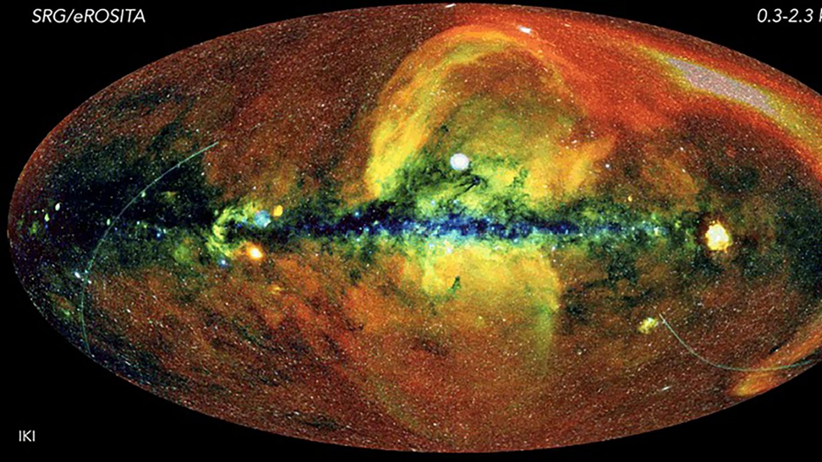 Blick auf den „weichen“ Röntgenhimmel – ohne Vordergrund-Störstrahlung aus dem Sonnensystem.Foto: © K. Dennerl, J. Sanders, H. Brunner & the eSASS team (MPE); E. Churazov, M. Gilfanov (IKI)