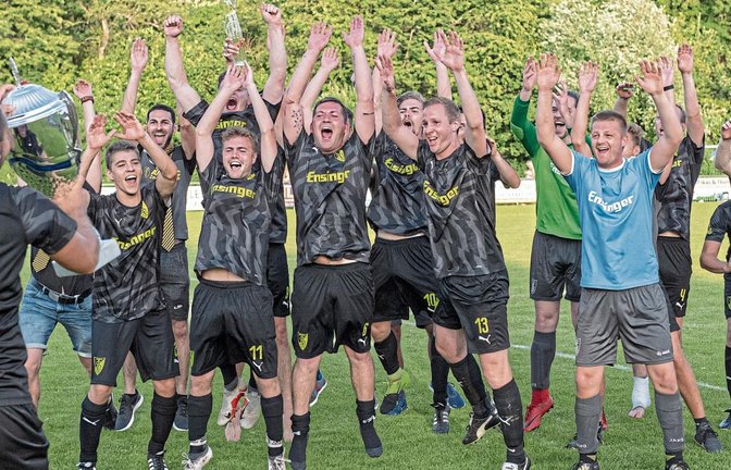 Stolz präsentiert Ensingens Mannschaftskapitän Jens Fischer (links) den Siegerpokal des Vaihinger Fußball-Stadtpokals. Fotos: Leitner