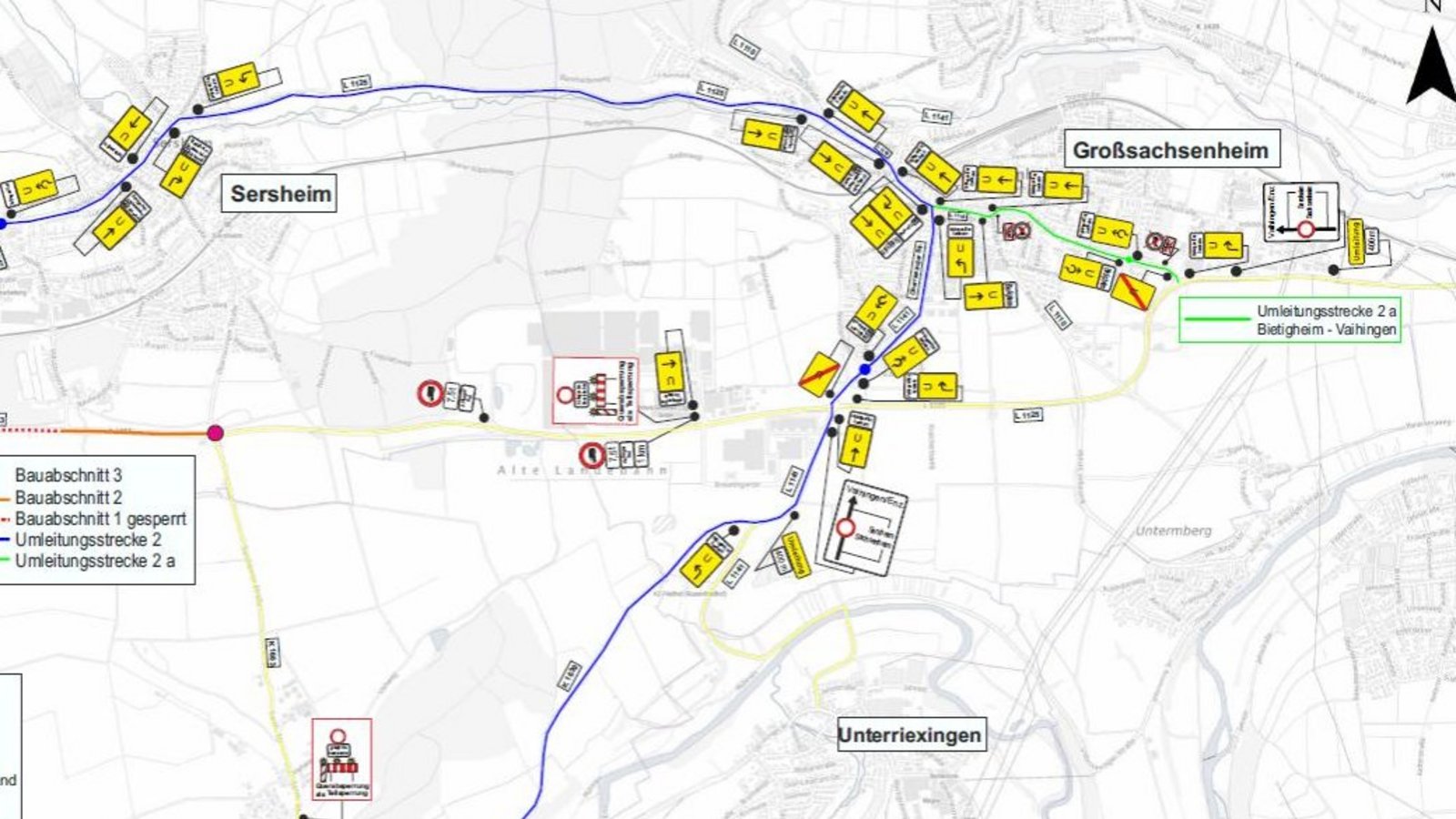Der westliche Teil der Ortsumfahrung Sersheim (rot eingezeichnet) wird saniert. Die Arbeiten erfolgen in zwei Abschnitten – nicht in drei, wie in der Grafik des Landratsamts falsch angegeben. Im Abschnitt 2 wird, wie dargestellt, ab Ende August über Sersheim/Sachsenheim umgeleitet. Grafik: LL Der westliche Teil der Ortsumfahrung Sersheim (rot eingezeichnet) wird saniert. Die Arbeiten erfolgen in zwei Abschnitten – nicht in drei, wie in der Grafik des Landratsamts falsch angegeben. Im Abschnitt 2 wird, wie dargestellt, ab Ende August über Sersheim/Sachsenheim umgeleitet. Grafik: LL
