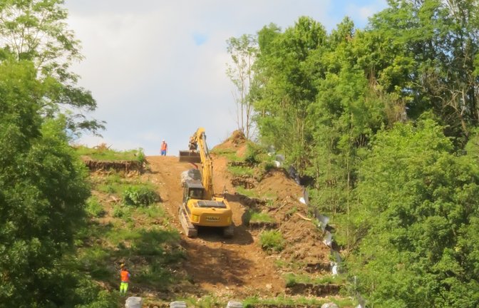 Arbeit im Steilhang für die Neckarenztalleitung beim Leinfelder Hof. Was befindet sich in den Paketen, die vom Bagger nach oben gebracht werden? Steine der alten Weinbergmauern.  <span class='image-autor'>Foto: Arning</span>