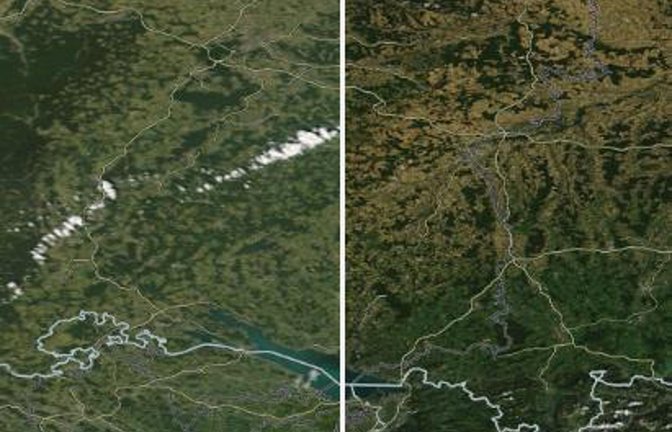 Das südliche Baden-Württemberg mit dem Bodensee im Juni (links) und im August (rechts)<span class='image-autor'>Foto: Nasa/Vertical52 (Recherche)</span>