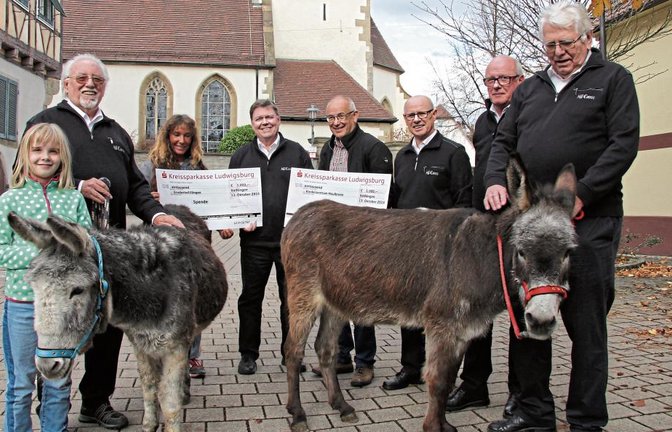 Spendenübergabe in Illingen (von rechts): Robert Mayer, Reiner Eckert und Ludwig Hofka (alle MPC), Karl Craiß von der Christophorushilfe, MPC-Vorsitzender Werner Dippon, Felicia Ruhland vom Gnadenhof, Rolf Burger (MPC) und Werner Dippons Enkelin Anna-Melina. Ebenfalls mit dabei: die beiden Esel Rosalie und Angelika vom Gnadenhof.  Foto: Banholzer