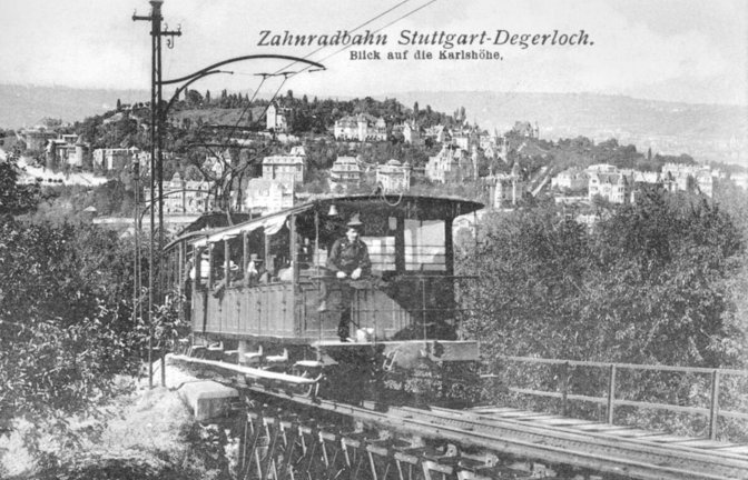 Ab 1902 ging es sauber und elektrisch zu. Die Zahnradbahn auf dem Weg nach Degerloch, im Hintergrund ist die Karlshöhe zu sehen.<span class='image-autor'>Foto: SSB</span>