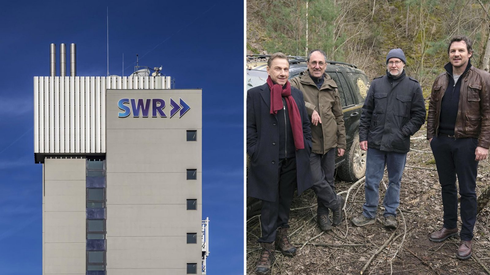 Links: Das SWR-Funkhaus, rechts: Dreharbeiten zum Stuttgart-Tatort „Lucys Geburtstag“Foto: IMAGO/Arnulf Hettrich/SWR/Benoît Linder