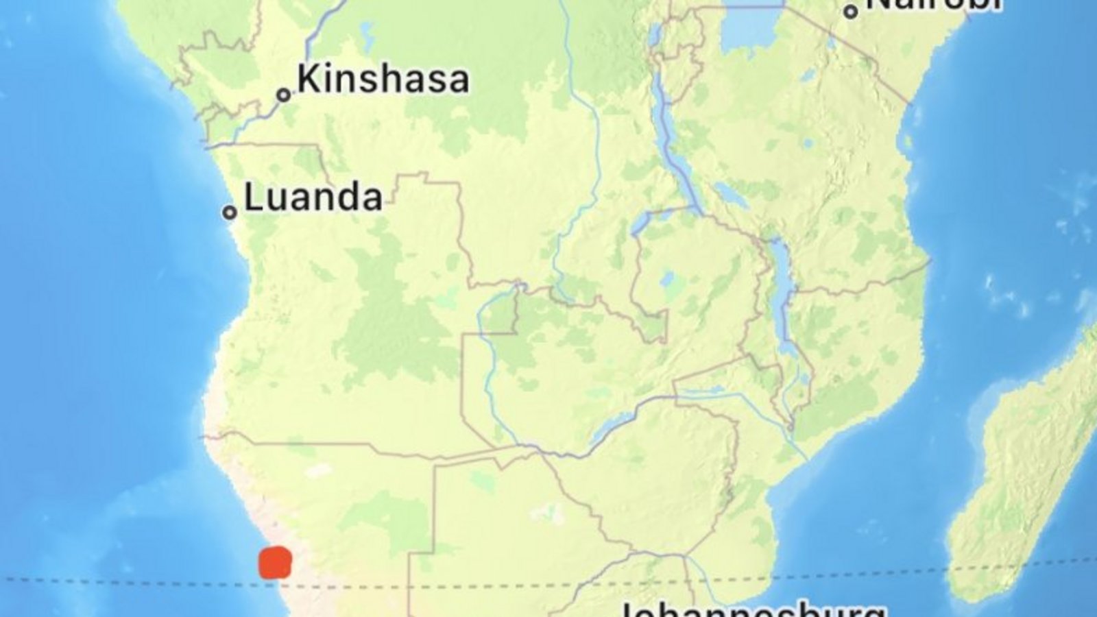 Der rote Punkt markiert Swakopmund in Namibia. Das Ziel von Junglaussen und Hollmann.