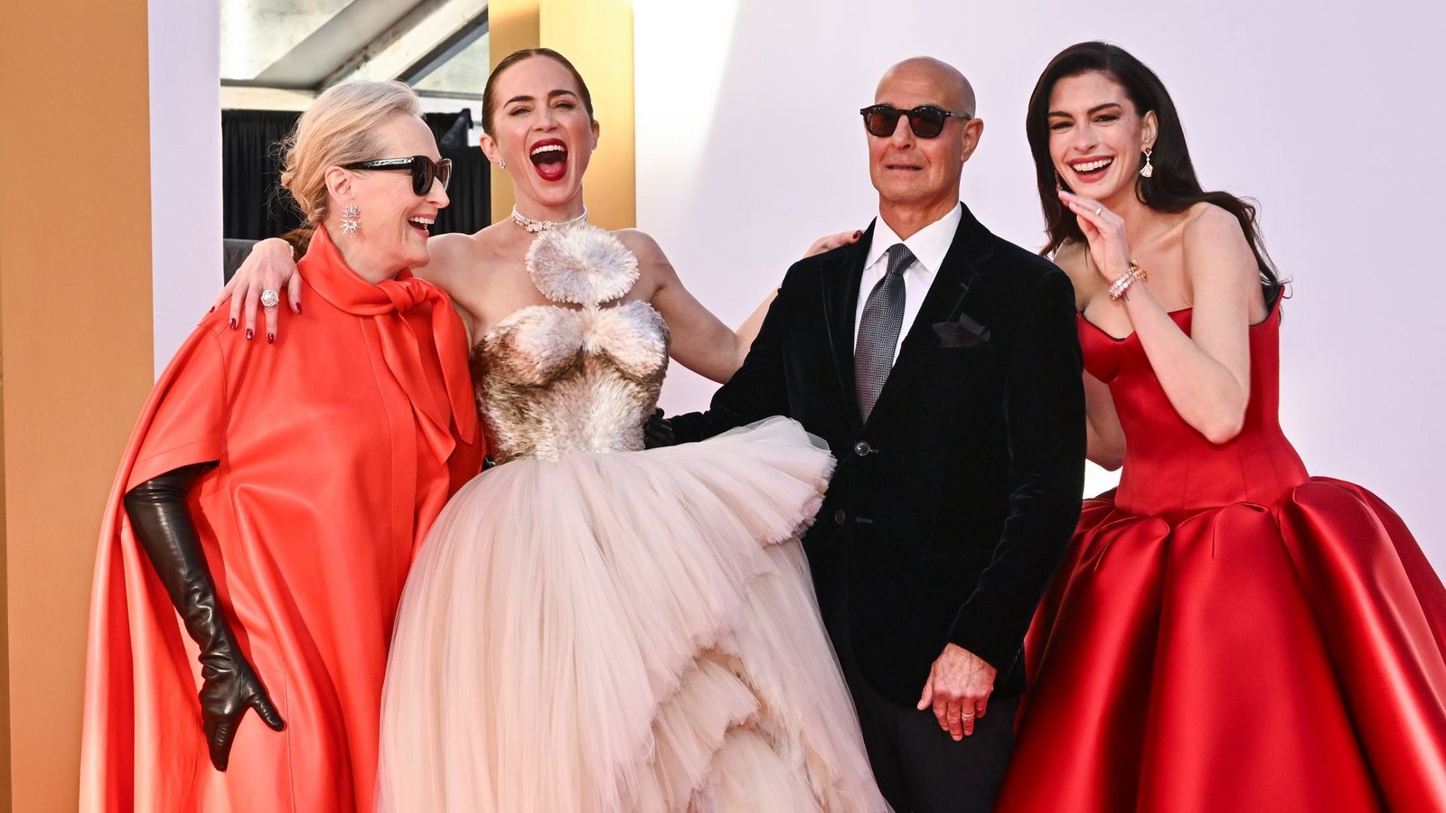Meryl Streep (l-r), Emily Blunt, Stanley Tucci und Anne Hathaway besuchen die Weltpremiere von  "Der Teufel trägt Prada 2 in der David Geffen Hall.Foto: Evan Agostini/Invision/AP/dpa