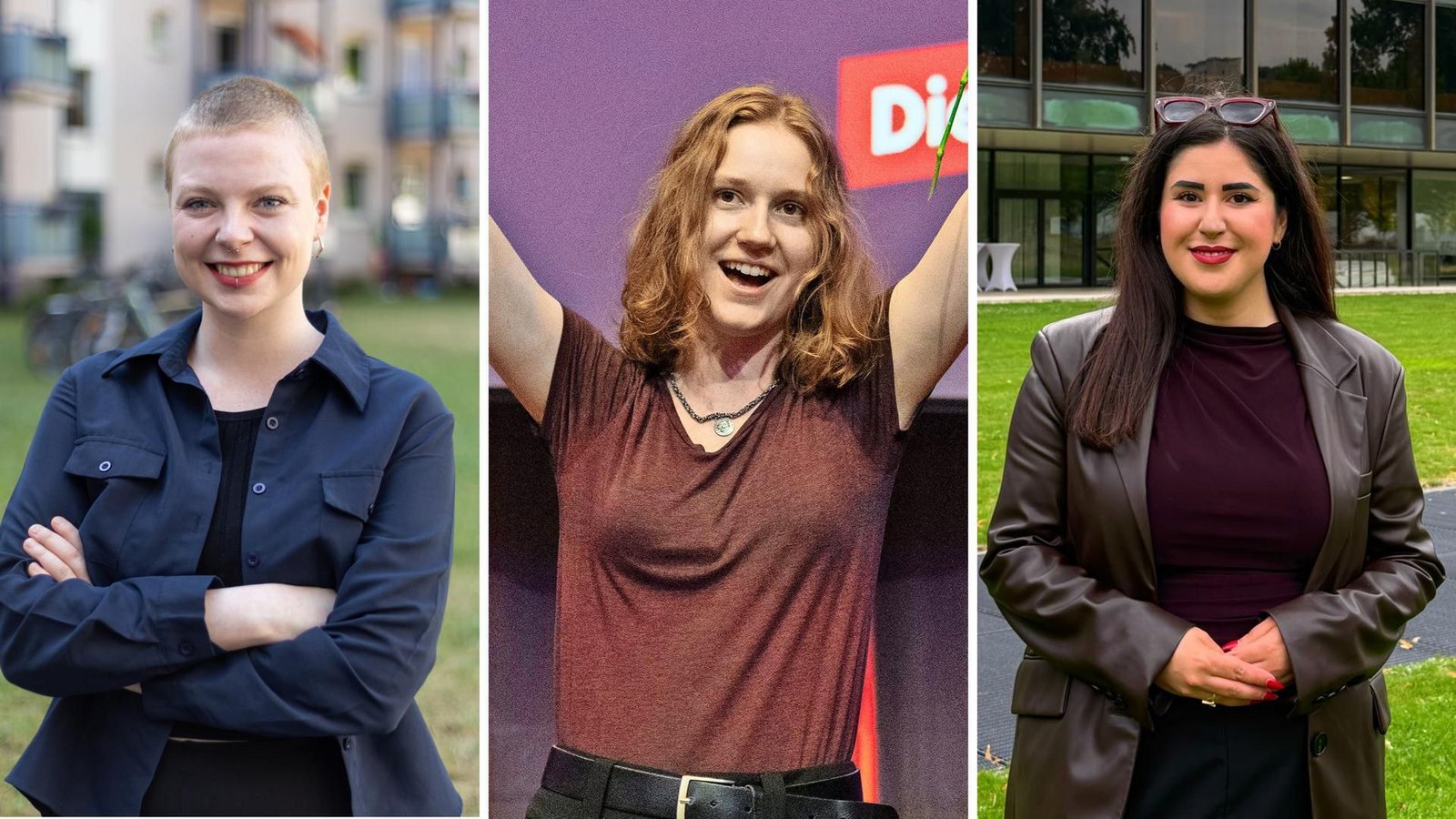 Die drei Spitzenkandidatinnen: Kim Sophie Bohnen, Amelie Vollmer und Mersedeh Ghazaei (v.l.).Foto: Die Linke, Marijan Murat/dpa Die drei Spitzenkandidatinnen: Kim Sophie Bohnen, Amelie Vollmer und Mersedeh Ghazaei (v.l.).Foto: Die Linke, Marijan Murat/dpa