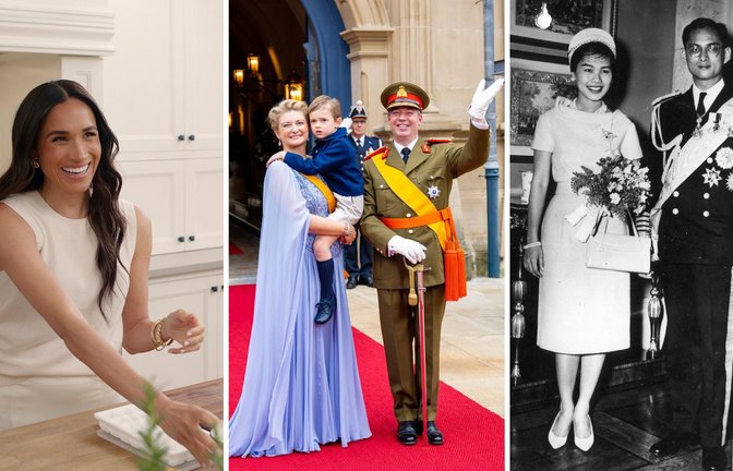 Herzogin Meghan in ihrer „With Love, Meghan“-Luxusküche (links), der frischgebackene Großherzog Guillaume mit seiner Frau Stéphanie und seinem Sohn Prinz Charles und die legendäre Königin Sirikit, Frau des thailändischen Königs Bhumibol.<span class='image-autor'>Foto: COURTESY OF NETFLIX/IMAGO/DPPA/IMAGO / Belga</span>