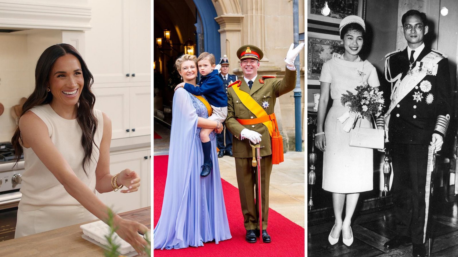 Herzogin Meghan in ihrer „With Love, Meghan“-Luxusküche (links), der frischgebackene Großherzog Guillaume mit seiner Frau Stéphanie und seinem Sohn Prinz Charles und die legendäre Königin Sirikit, Frau des thailändischen Königs Bhumibol.Foto: COURTESY OF NETFLIX/IMAGO/DPPA/IMAGO / Belga
