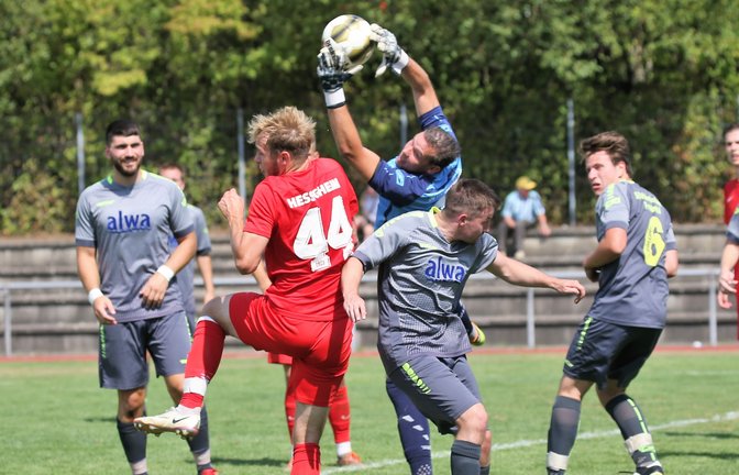 Hier fischt Torwart Michael Schäfter inmitten seiner Abwehr den Ball aus der Luft. Später kommt Hessigheim doch noch zum 1:0-Erfolg und kickt die SGM aus dem Turnier. <span class='image-autor'>Foto: Küppers</span>