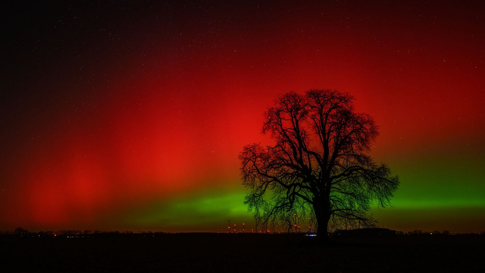 Polarlichter leuchten am Nachthimmel über der Landschaft im östlichen Brandenburg. Dieses Nordlicht (Aurora borealis) wurde durch eine Wolke elektrisch geladener Teilchen eines Sonnensturms in der Erdatmosphäre erzeugt.Foto: Patrick Pleul/dpa Polarlichter leuchten am Nachthimmel über der Landschaft im östlichen Brandenburg. Dieses Nordlicht (Aurora borealis) wurde durch eine Wolke elektrisch geladener Teilchen eines Sonnensturms in der Erdatmosphäre erzeugt.Foto: Patrick Pleul/dpa