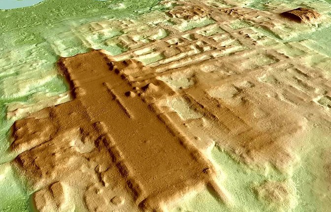3-D-Bild der Maya-Anlage Aguada Fénix, basierend auf Lasermessungen aus der Luft.<span class='image-autor'>Foto: Takeshi Inomata/ Science Advances/, CC-by 4.0</span>