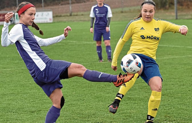 Verena Lange (links) ist zwar vor Natalie Hieronymus am Ball. Die Heimsheimerin ist aber die Heldin des Tages. Sie erzielt das einzige Tor. Foto: Leitner
