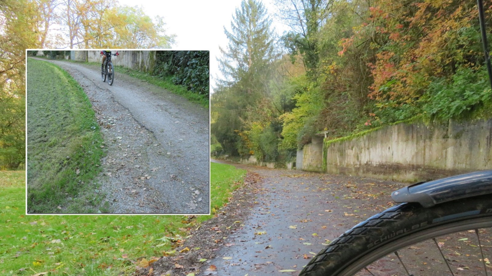 Schön, dass es mit der Sanierung des Hammelbergwegs Vaihingen – Enzweihingen geklappt hat. Er ist schließlich ein Teil des stark befahrenen Enztalradwegs ... Das kleine Bild zeigt den Weg vor der Reparatur. Foto: Arning Schön, dass es mit der Sanierung des Hammelbergwegs Vaihingen – Enzweihingen geklappt hat. Er ist schließlich ein Teil des stark befahrenen Enztalradwegs ... Das kleine Bild zeigt den Weg vor der Reparatur. Foto: Arning